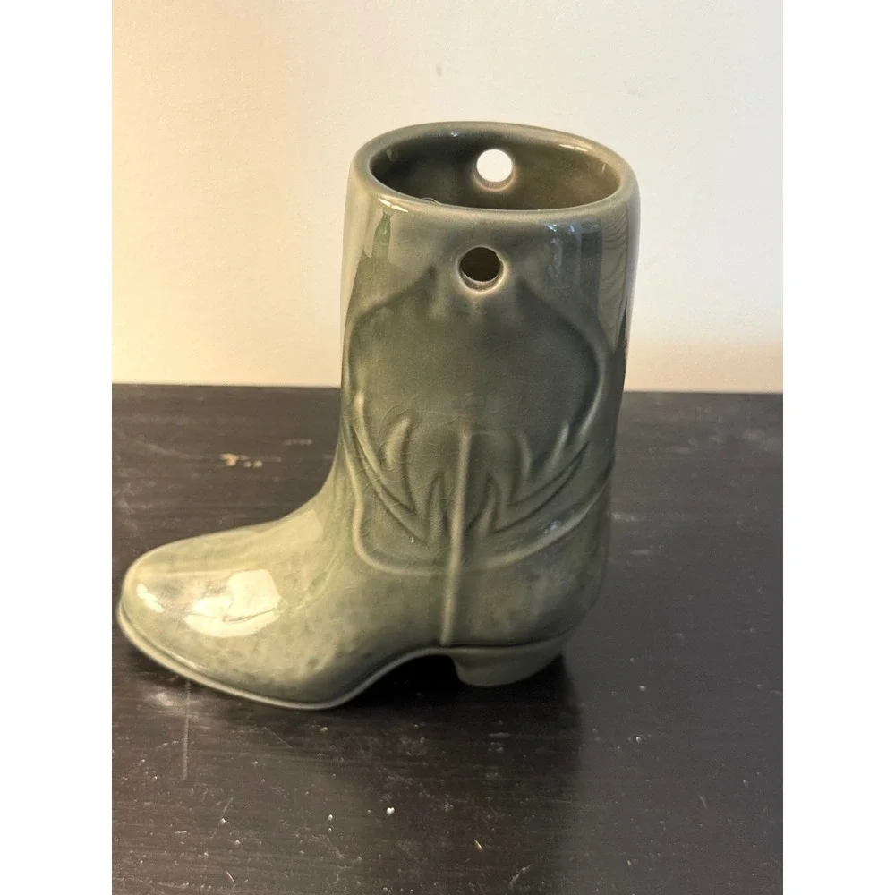 Vintage Ceramic Cowboy Boot Vase Sage Green Western Southwestern Decor